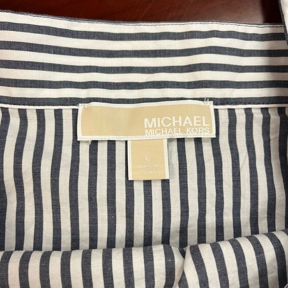 Michael Michael Kors Gray & White Stripe Off the Shoulder & Tie Blouse sz L - Picture 4 of 6
